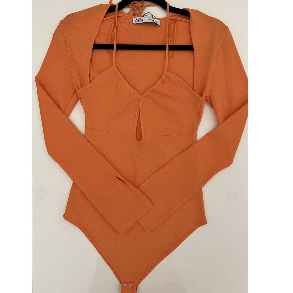 ZARA WOMAN ORANGE STRETCH CUT OUT KNIT BODYSUIT - Picture 12 of 16
